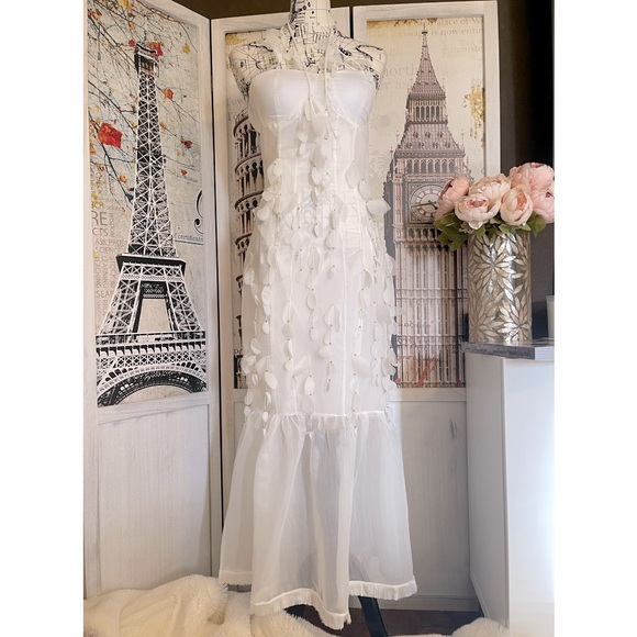 Botanics & Petals Luxury Maxi Dress In Summer White+Gold Droplets+Drop Petals - Picture 4 of 16